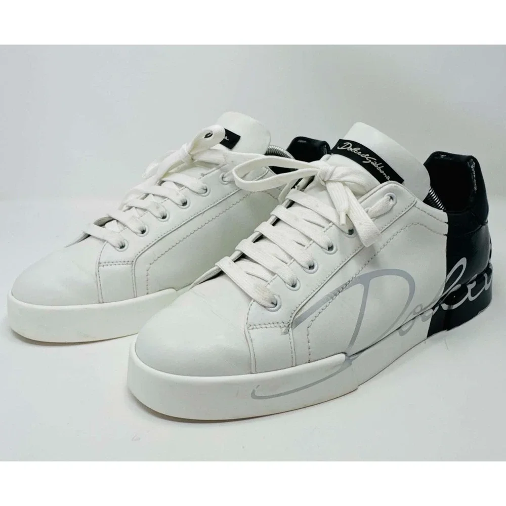 Dolce & Gabbana Portofino Logo Leather Sneakers White Black Men's 9 CS1600 Luxe
